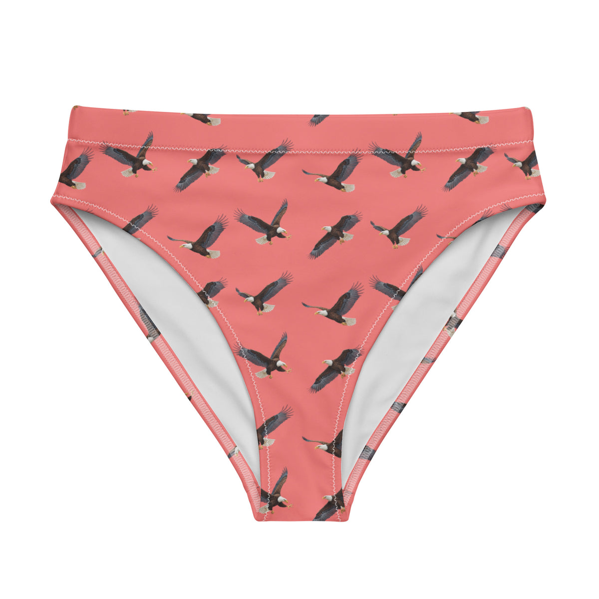 Red bikini bottom with pattern of bald eagles.
