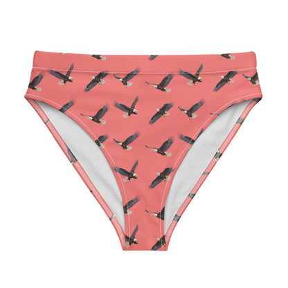 Red bikini bottom with pattern of bald eagles.