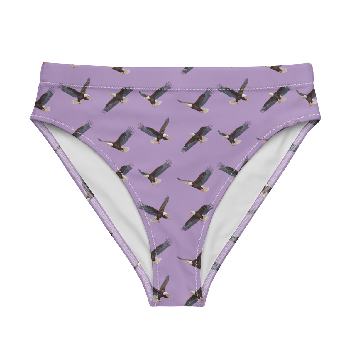 Purple bikini bottom with pattern of bald eagles.