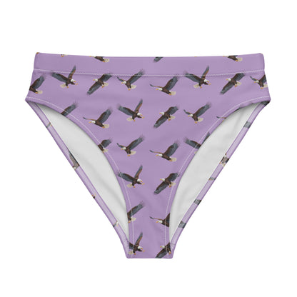 Purple bikini bottom with pattern of bald eagles.