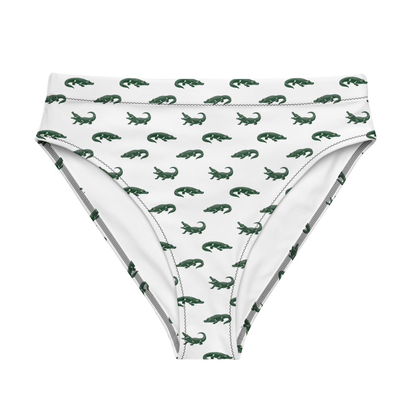 White bikini bottom with pattern of green alligators.
