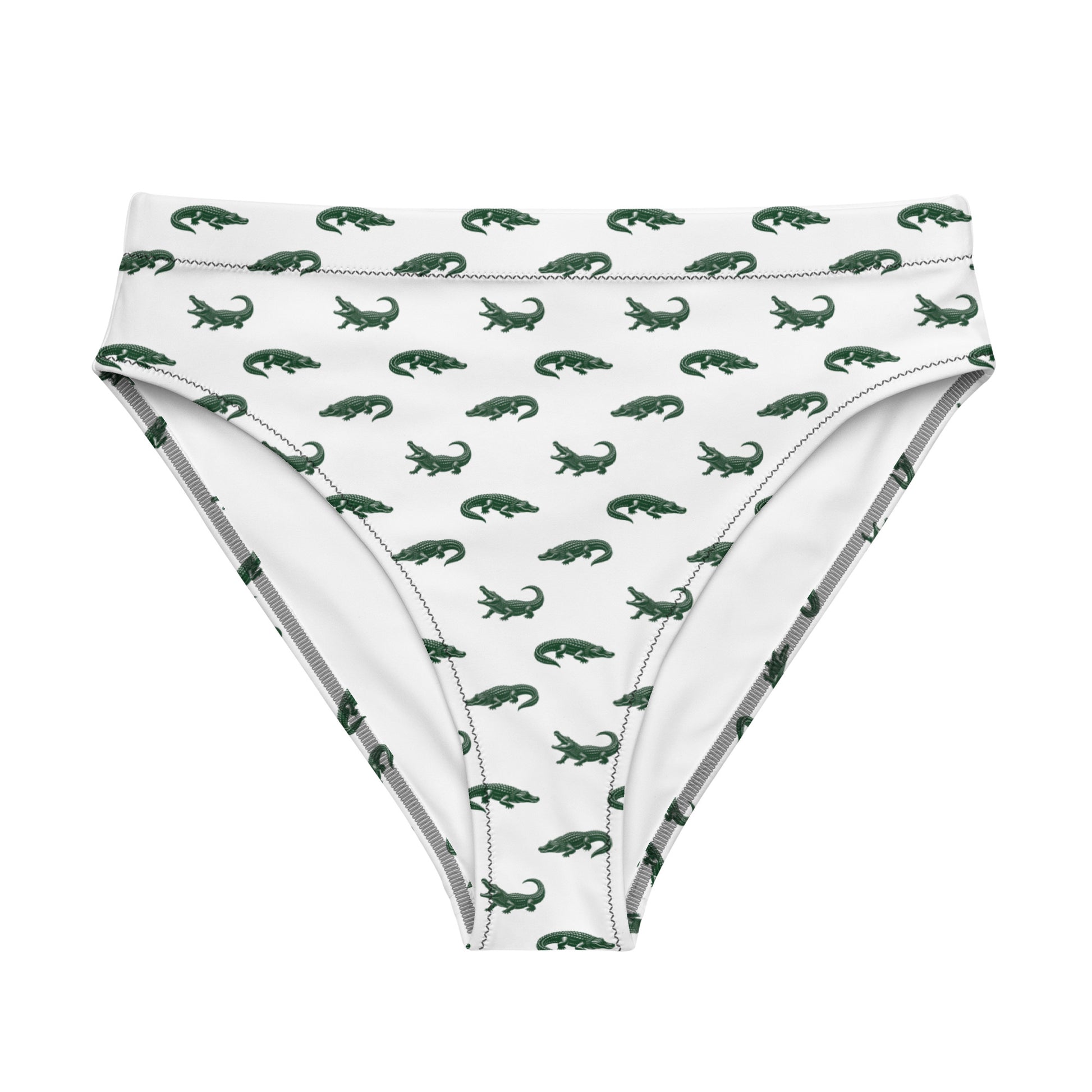 White bikini bottom with pattern of green alligators.