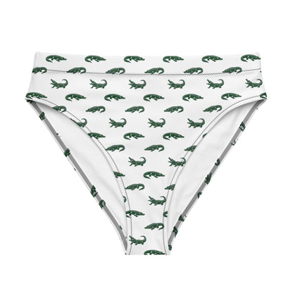White bikini bottom with pattern of green alligators.