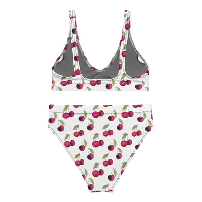 Back of bikini with all-over cherry pattern set on a white background.