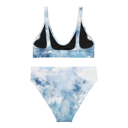 Back of bikini with blue-white watercolor design.