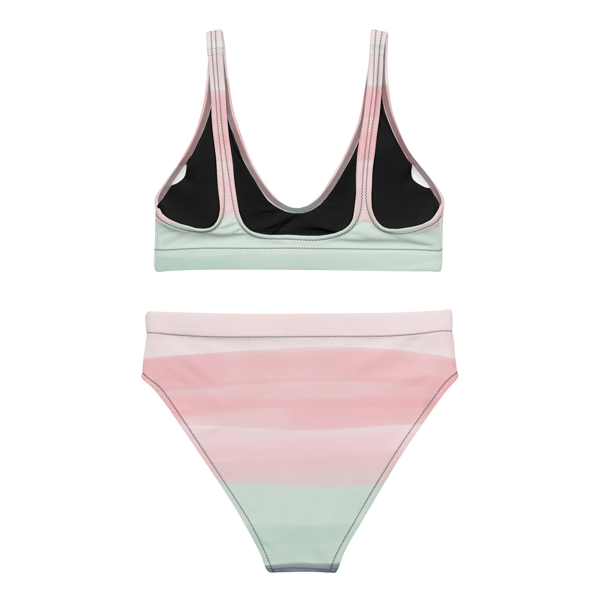 Back of bikini with design resembling watercolor stripes. Main colors are light-green and pink.