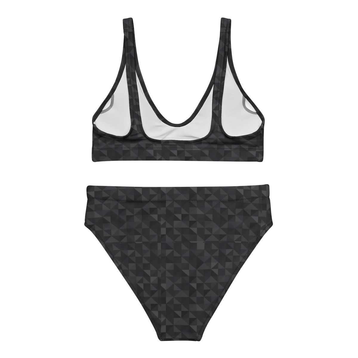 Back of bikini with dark-gray geometric pattern.