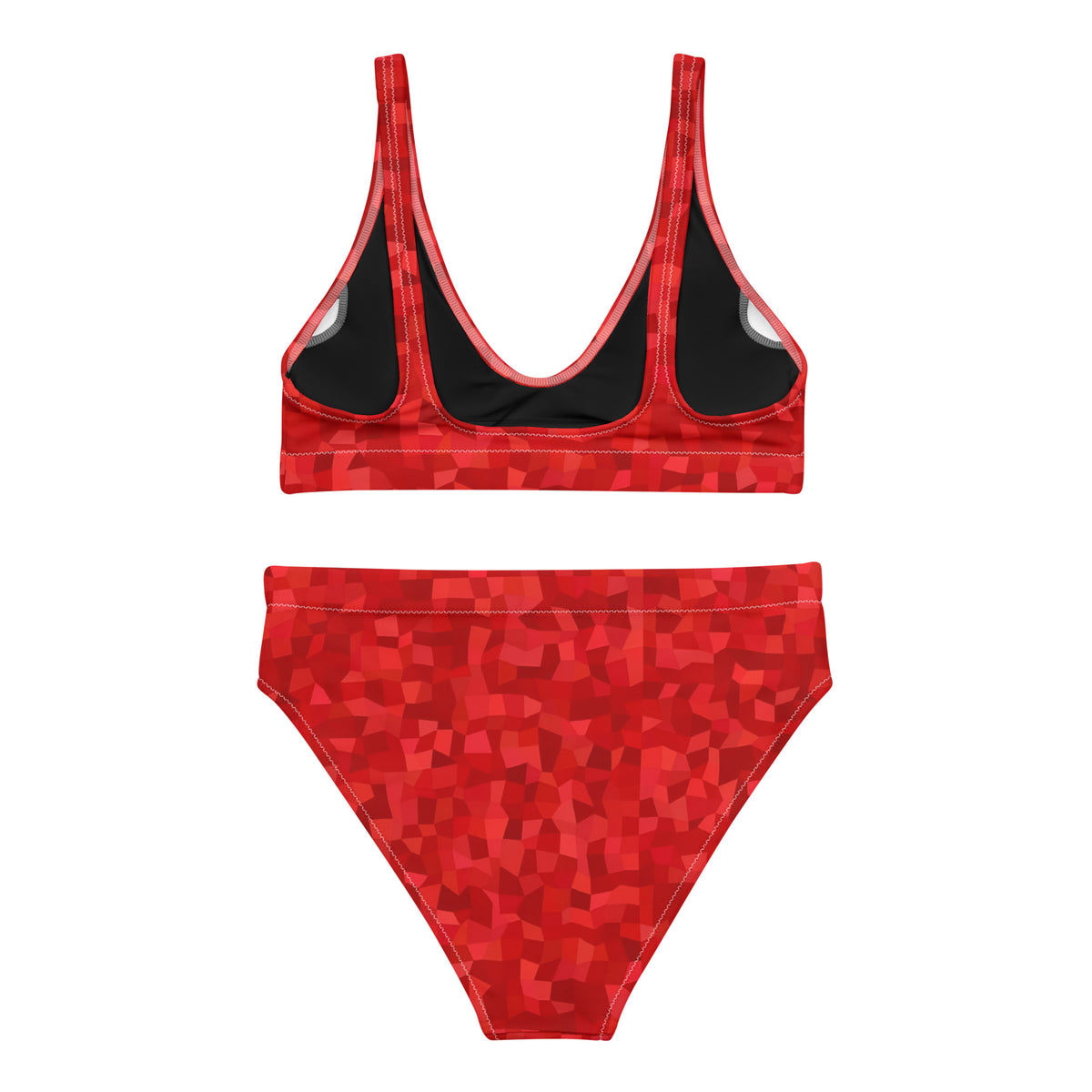 Back of bikini with red geometric pattern.