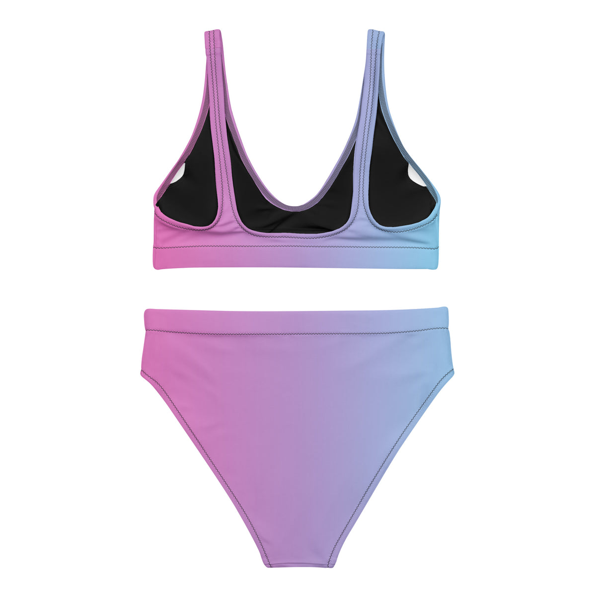 Back of bikini with color scheme that fades from pink to light blue.
