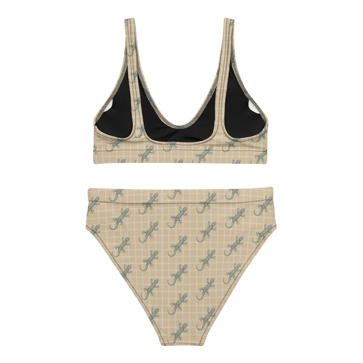 Beige bikini with pattern of green geckos.