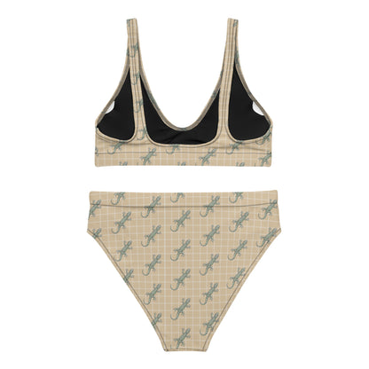 Beige bikini with pattern of green geckos.