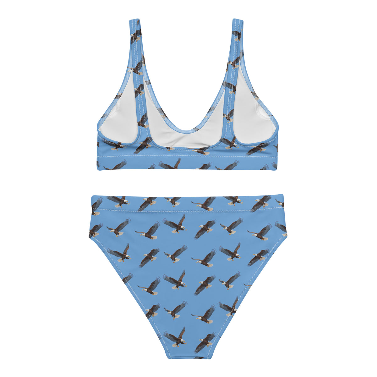 Blue bikini with pattern of bald eagles.