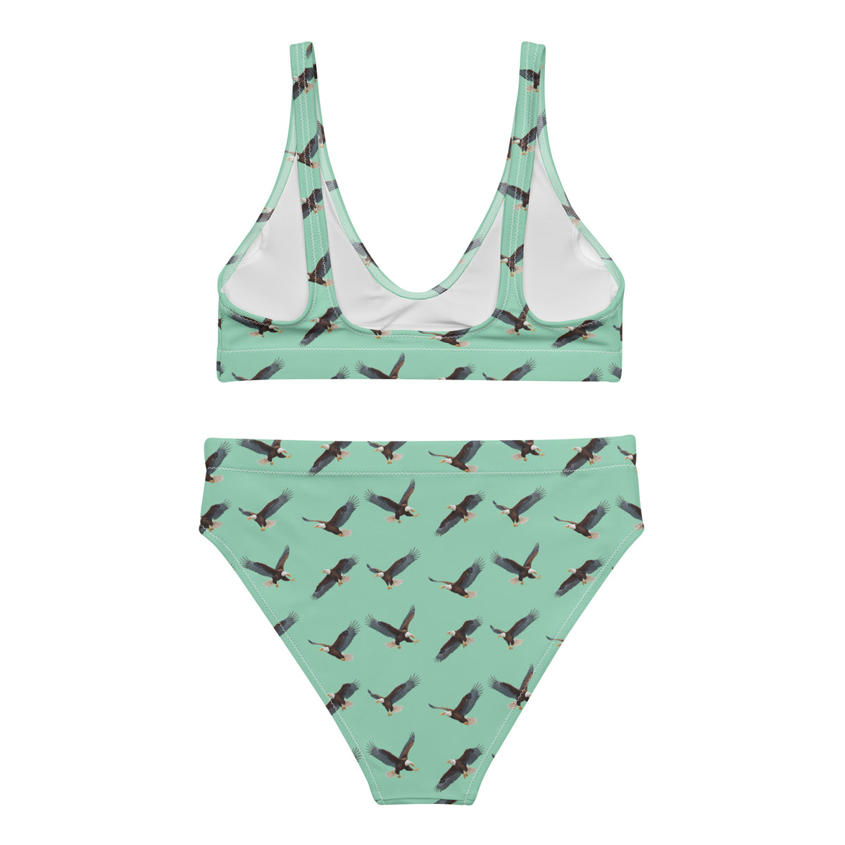 Green bikini with pattern of bald eagles.