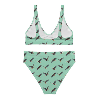 Green bikini with pattern of bald eagles.