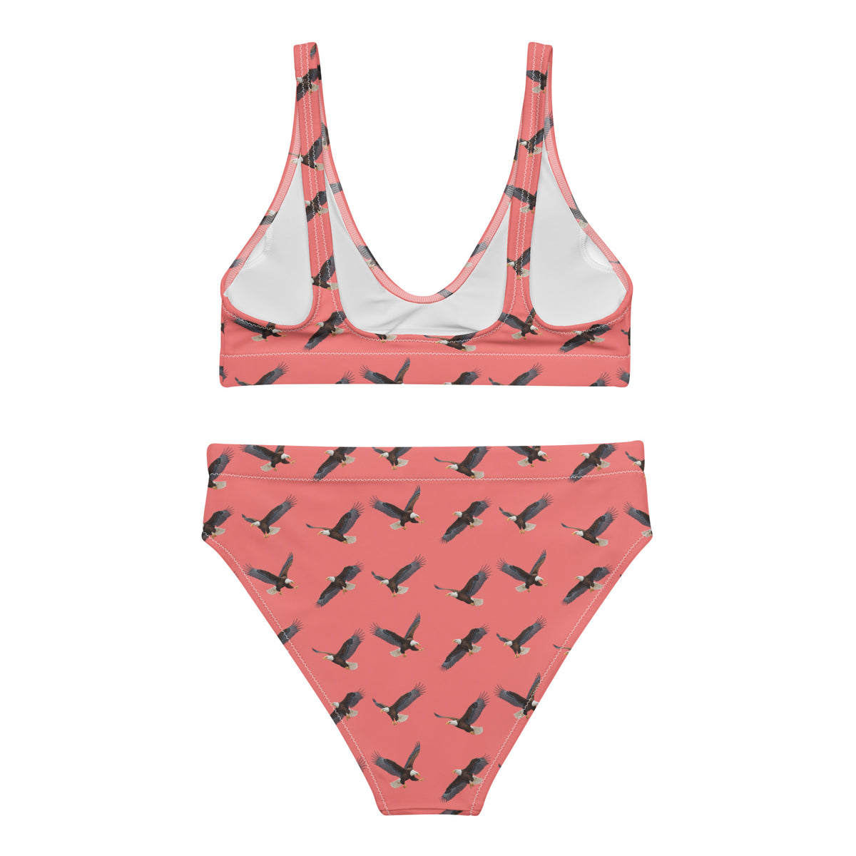 Red bikini with pattern of bald eagles.