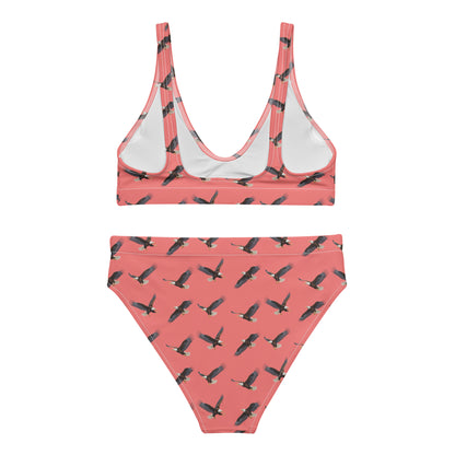 Red bikini with pattern of bald eagles.