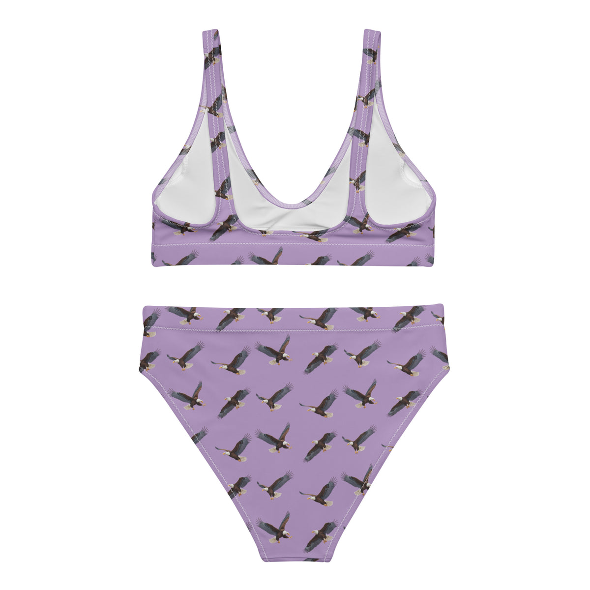 Purple bikini with pattern of bald eagles.