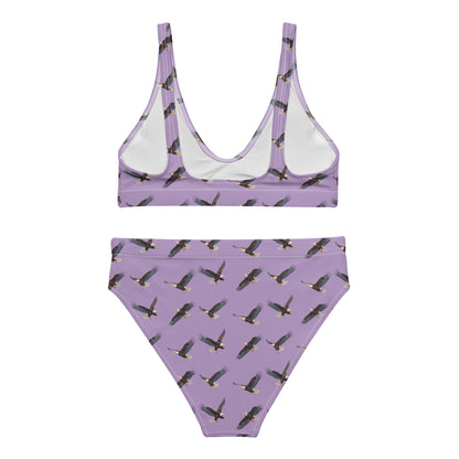 Purple bikini with pattern of bald eagles.