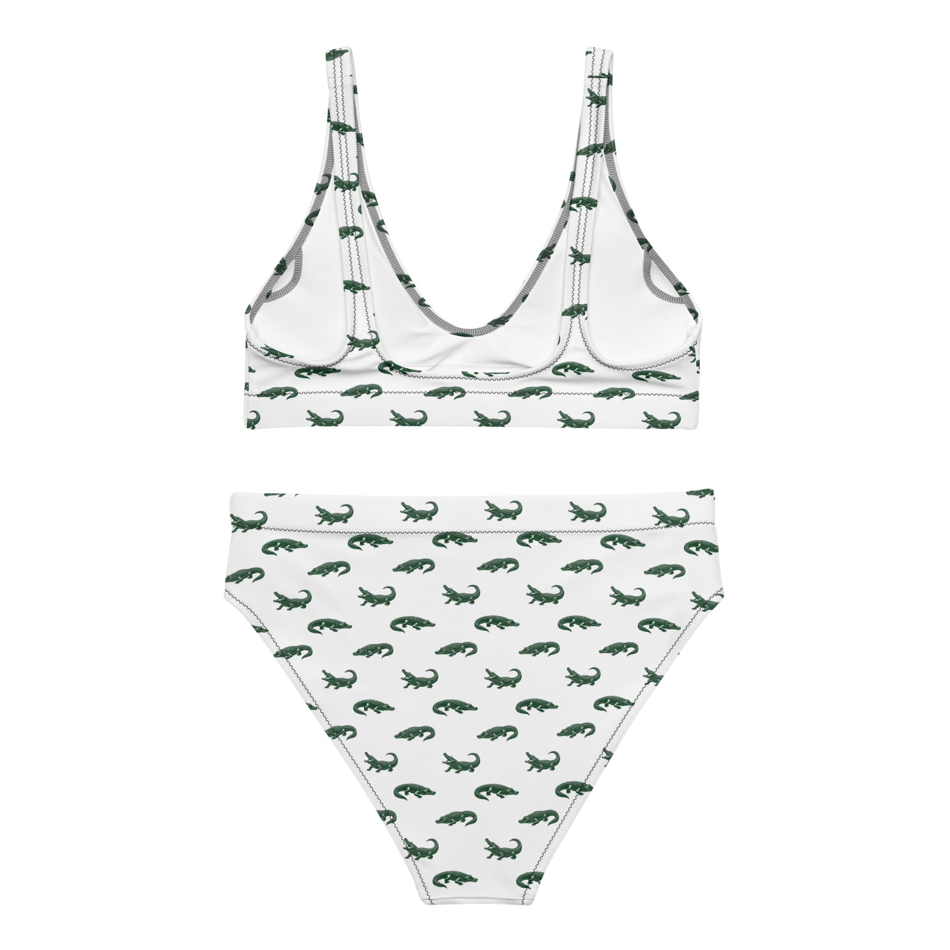 White bikini with pattern of green alligators. 