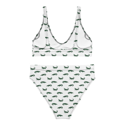 White bikini with pattern of green alligators. 