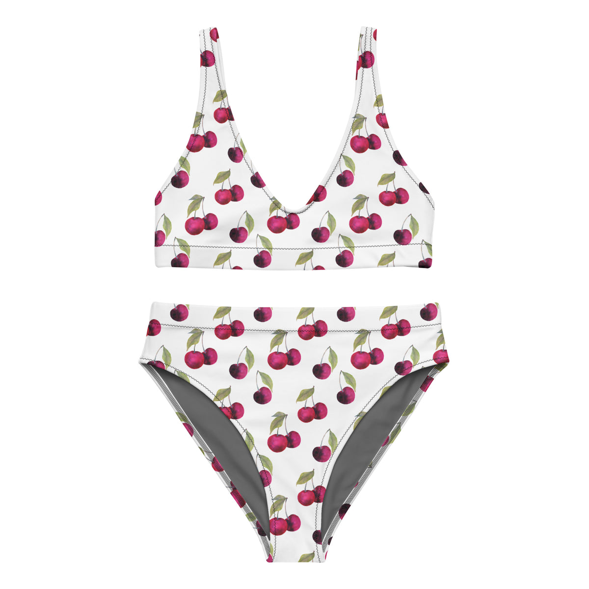 Bikini with all-over cherry pattern set on a white background.