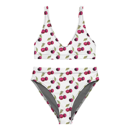 Bikini with all-over cherry pattern set on a white background.