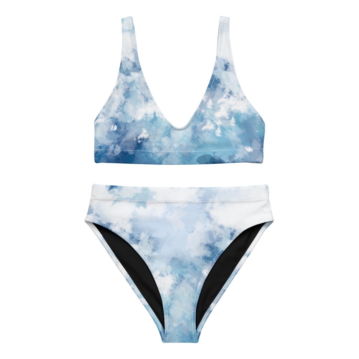 Bikini with blue-white watercolor design.