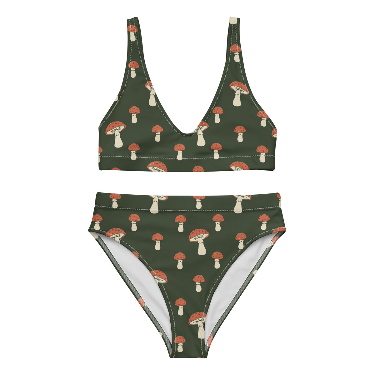 Bikini with pattern of mushrooms set on a green background.