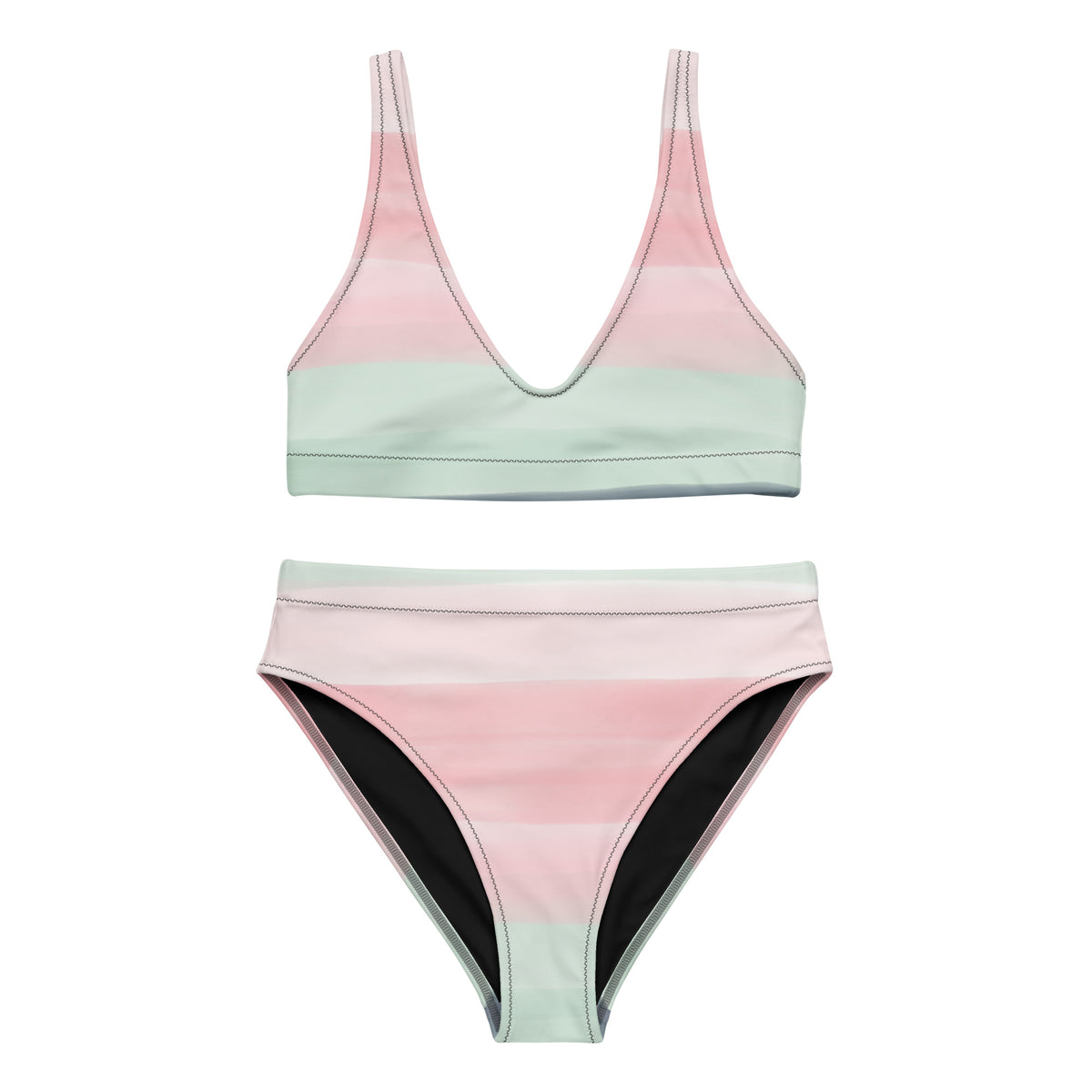 Bikini with design resembling watercolor stripes. Main colors are light-green and pink.