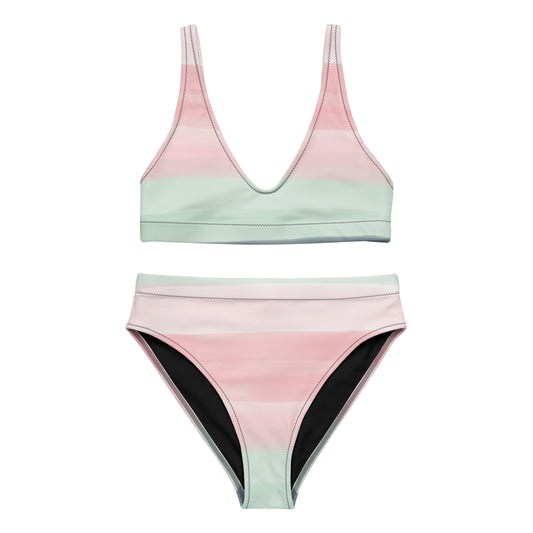 Bikini with design resembling watercolor stripes. Main colors are light-green and pink.