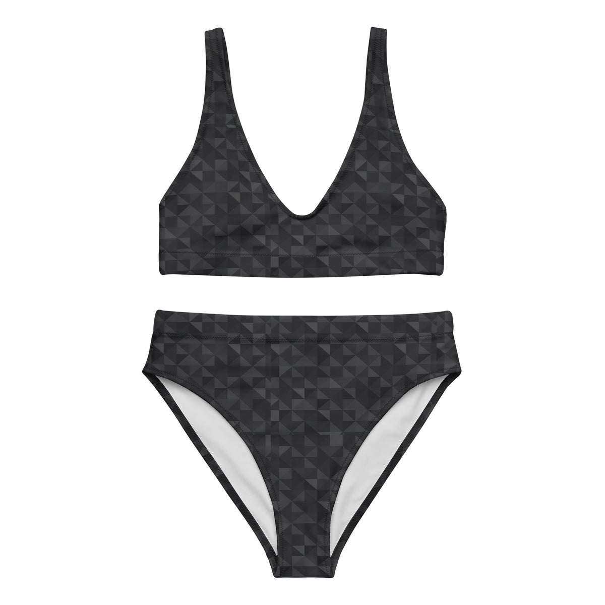 Bikini with dark-gray geometric pattern.