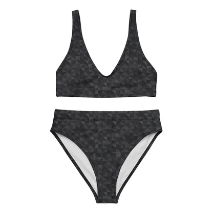 Bikini with dark-gray geometric pattern.