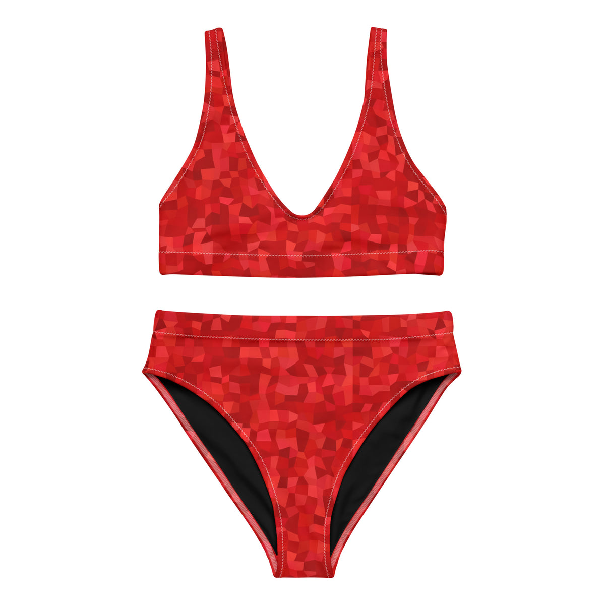 Bikini with red geometric pattern.