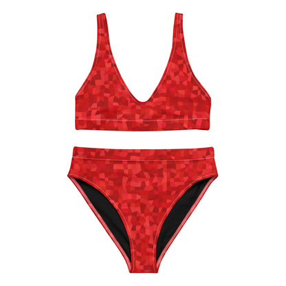 Bikini with red geometric pattern.