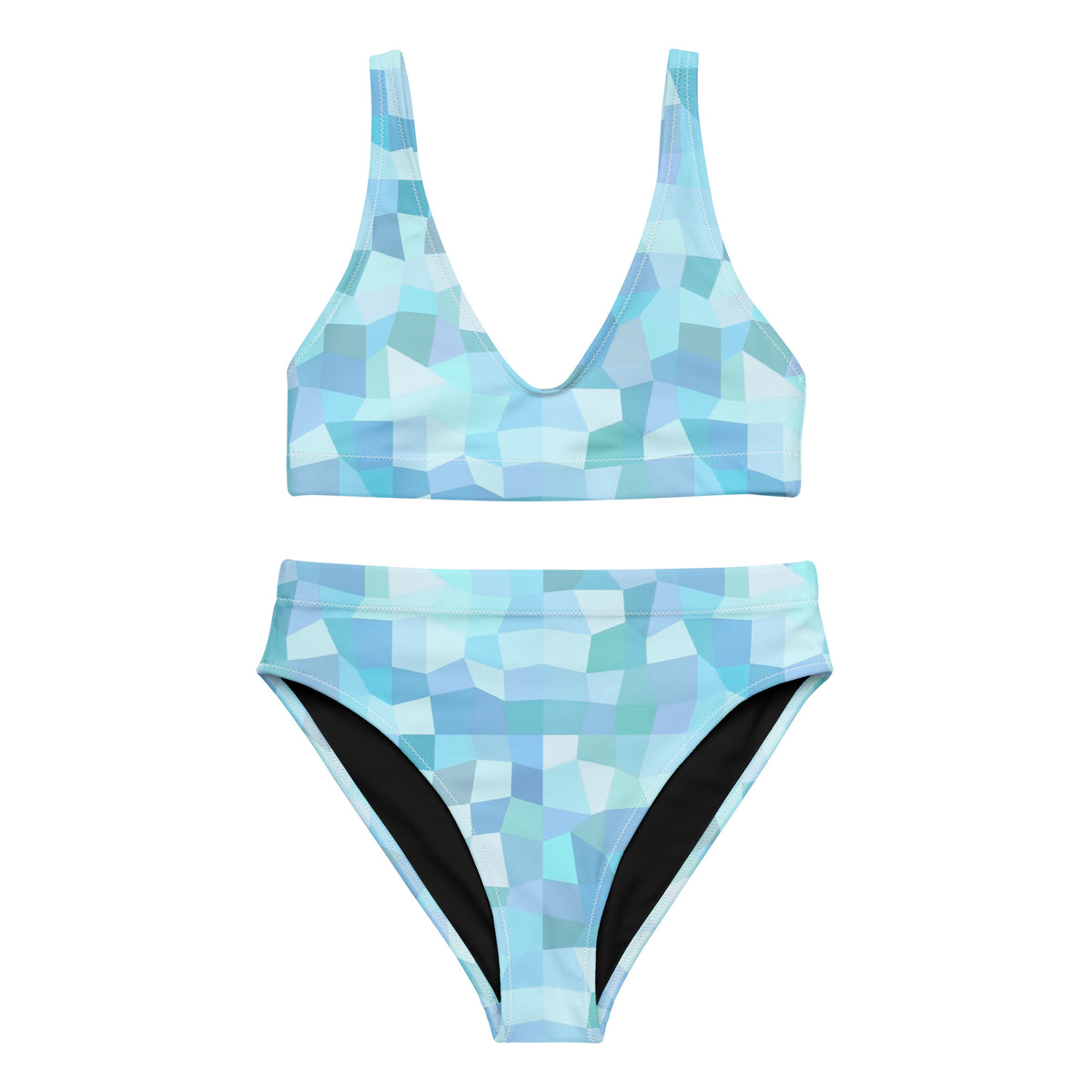 Bikini with cyan geometric pattern.