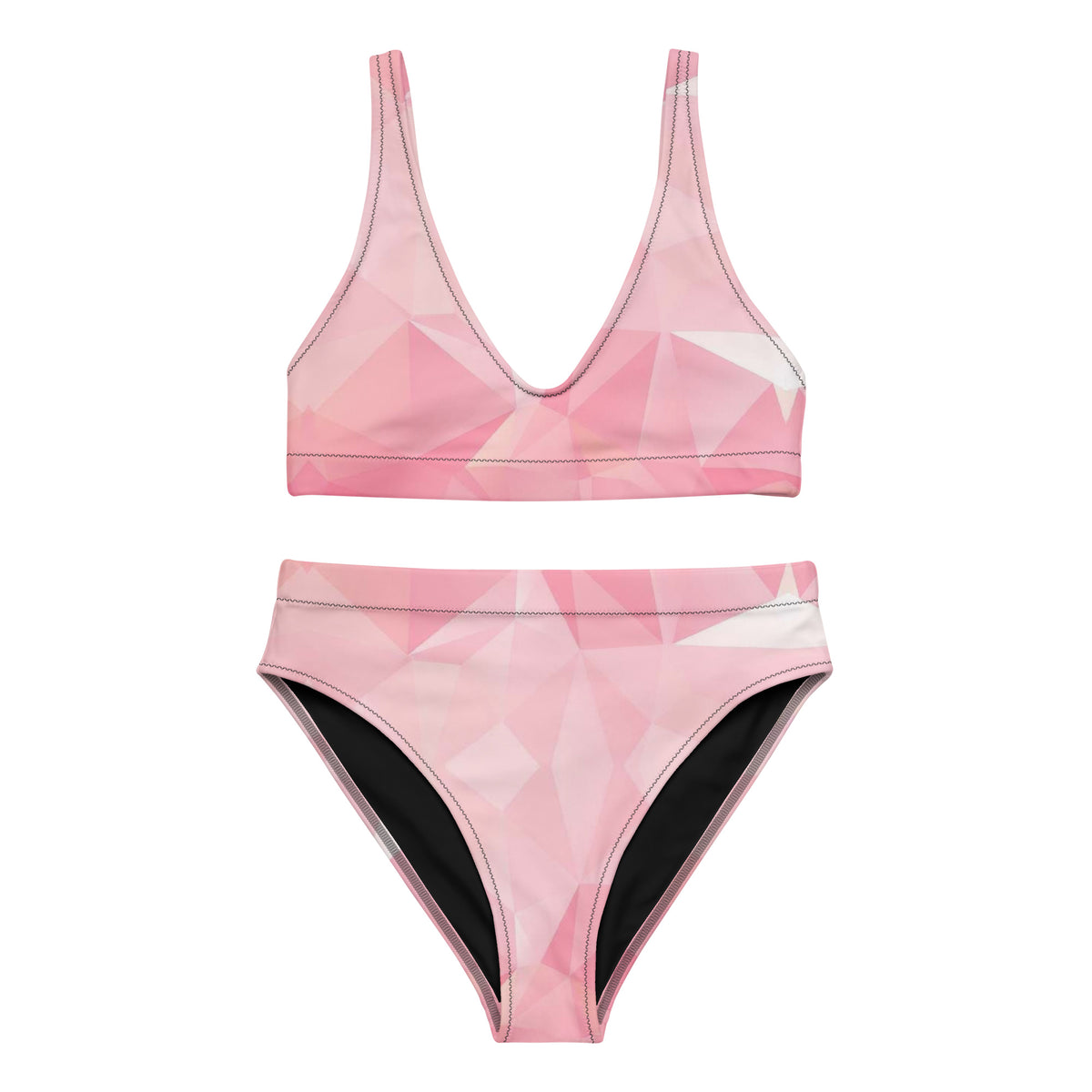 Bikini with pink geometric pattern.