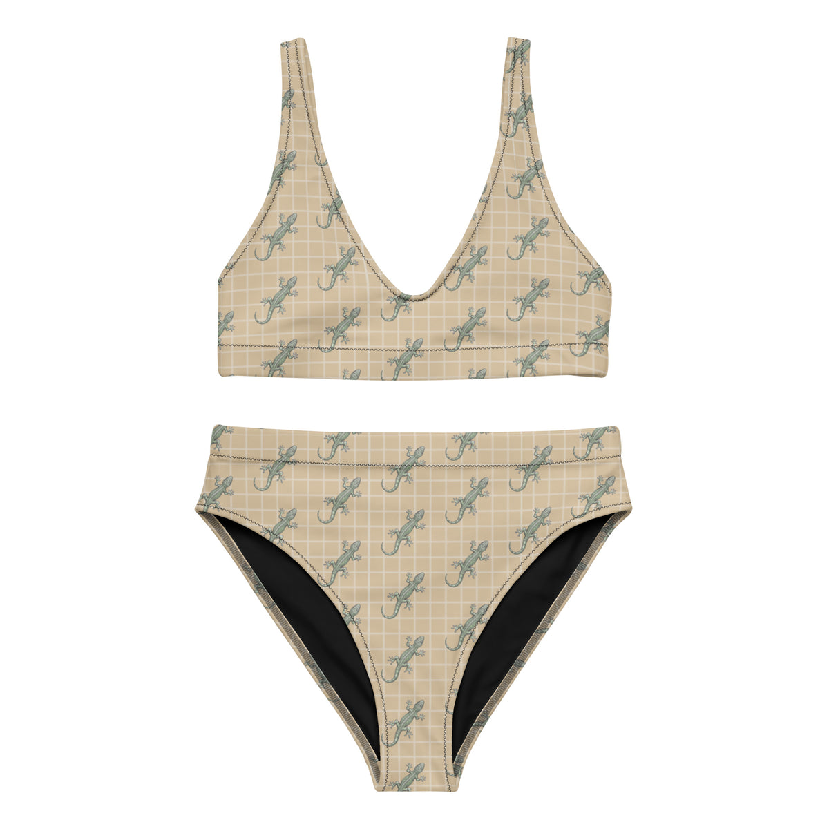 Beige bikini with pattern of green geckos.