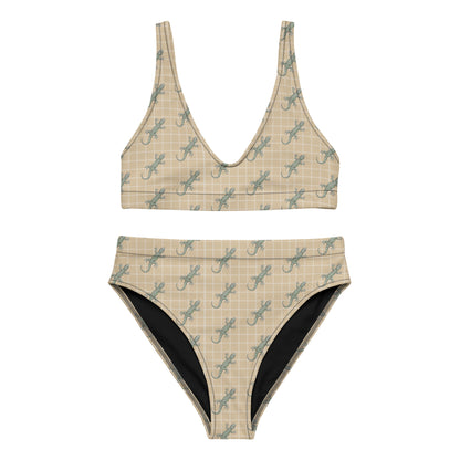 Beige bikini with pattern of green geckos.