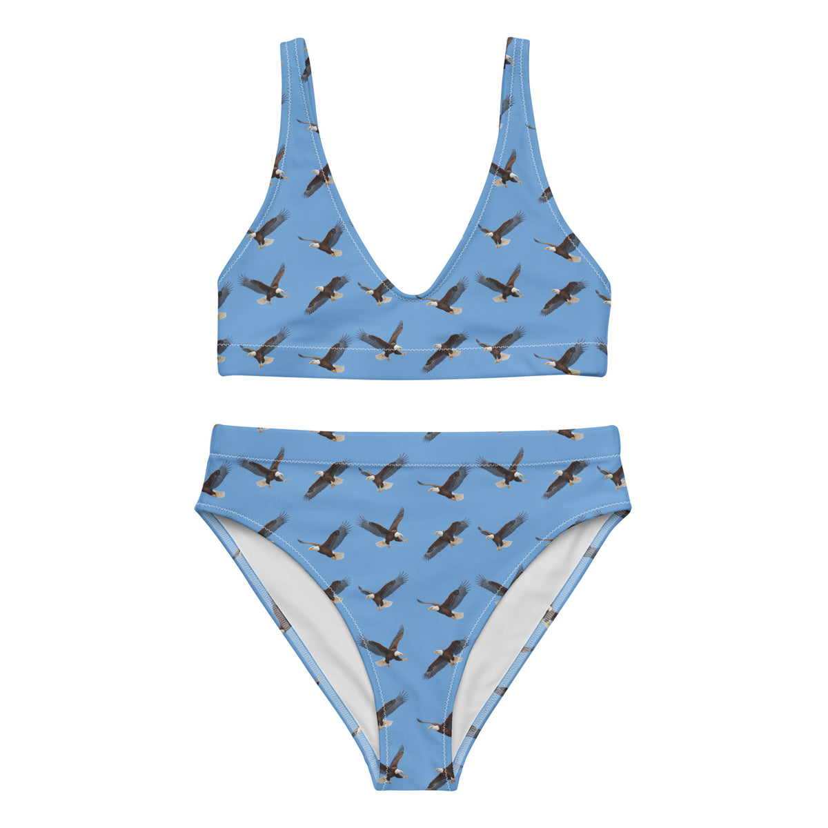 Blue bikini with pattern of bald eagles.