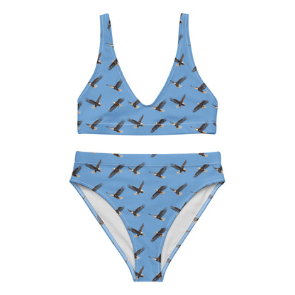 Blue bikini with pattern of bald eagles.