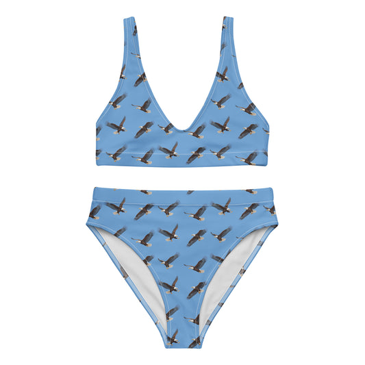 Blue bikini with pattern of bald eagles.