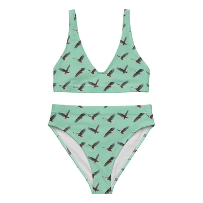 Green bikini with pattern of bald eagles.
