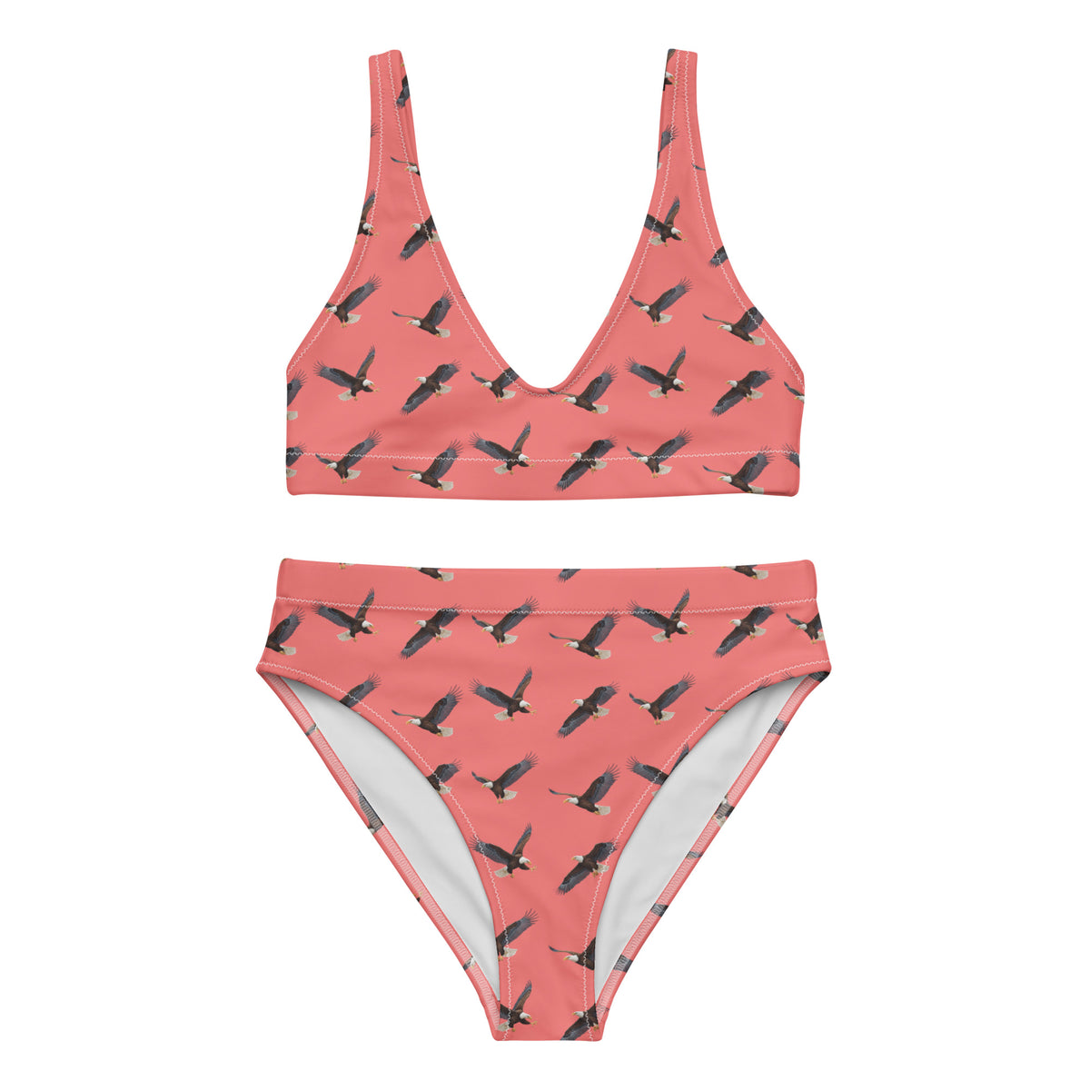 Red bikini with pattern of bald eagles.