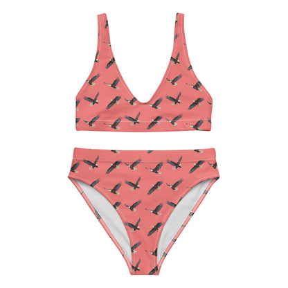 Red bikini with pattern of bald eagles.