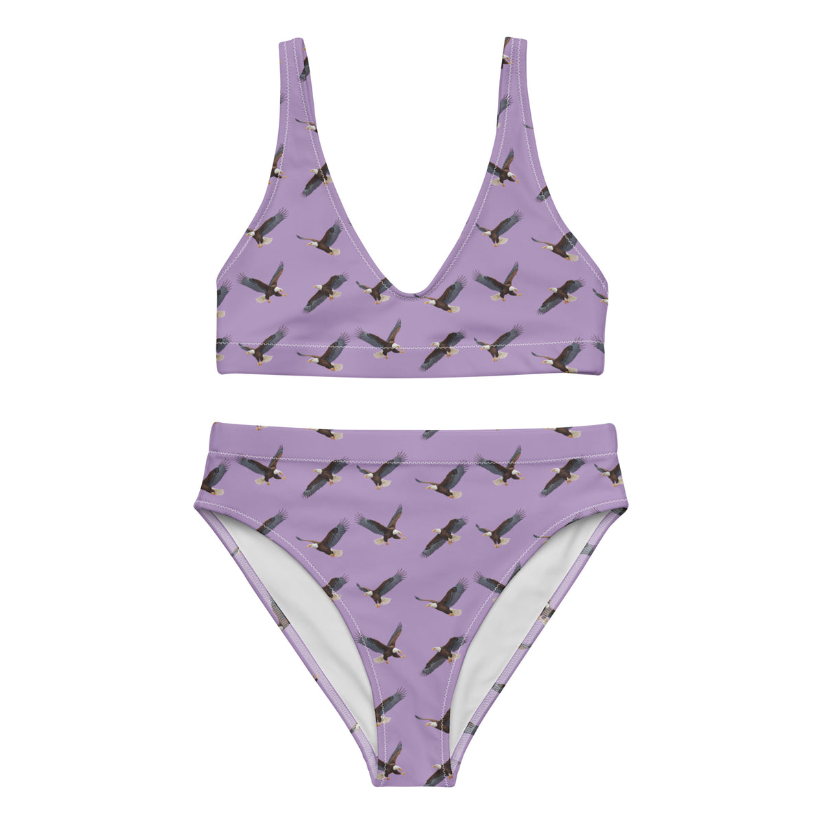 Purple bikini with pattern of bald eagles.