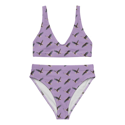 Purple bikini with pattern of bald eagles.