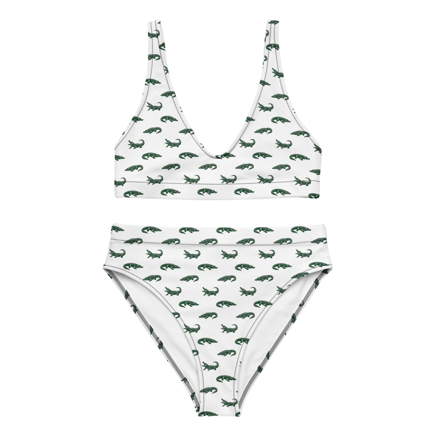White bikini with pattern of green alligators. 