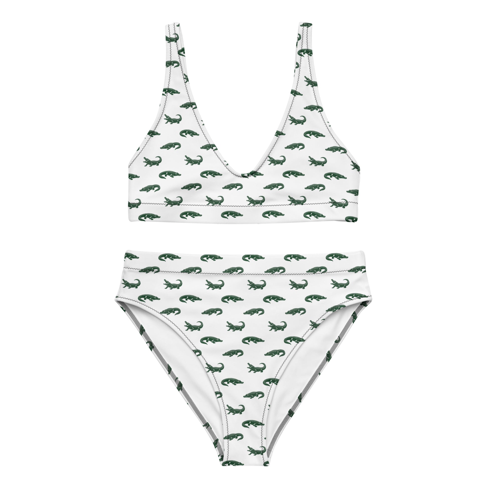 White bikini with pattern of green alligators. 