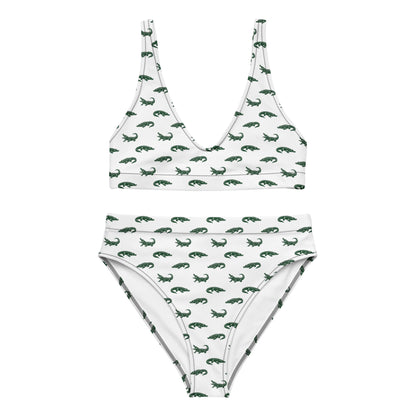 White bikini with pattern of green alligators. 