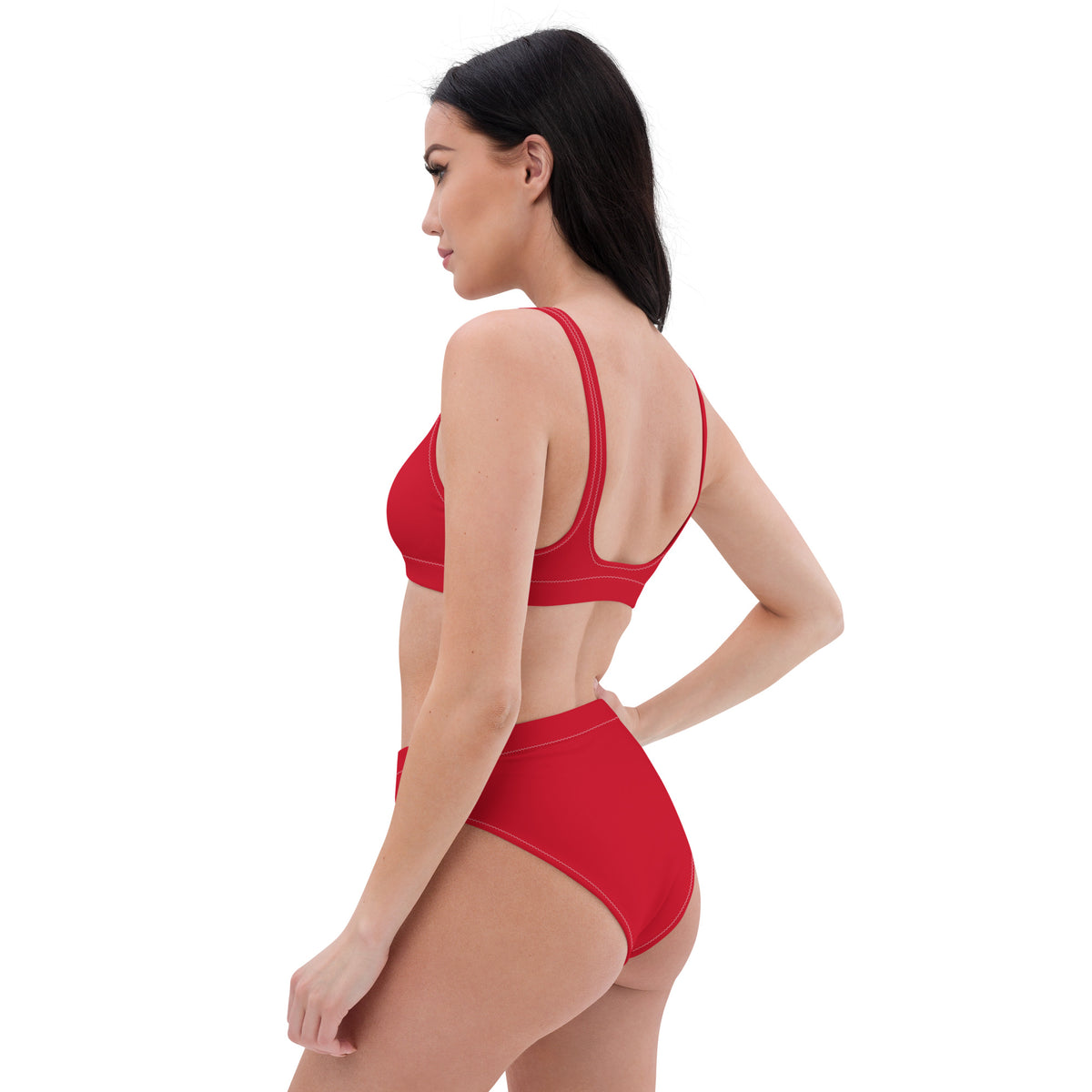 Side view of woman wearing red bikini